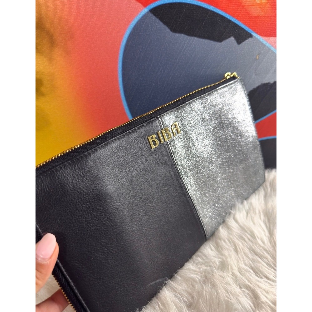 Biba Black Leather Glitter Clutch Bag Gold Tone Logo Evening Wristlet Wallet